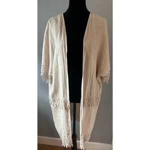 Valentina Naldi One Sz Beige Linen Duster Open Front Crochet Duster Italy